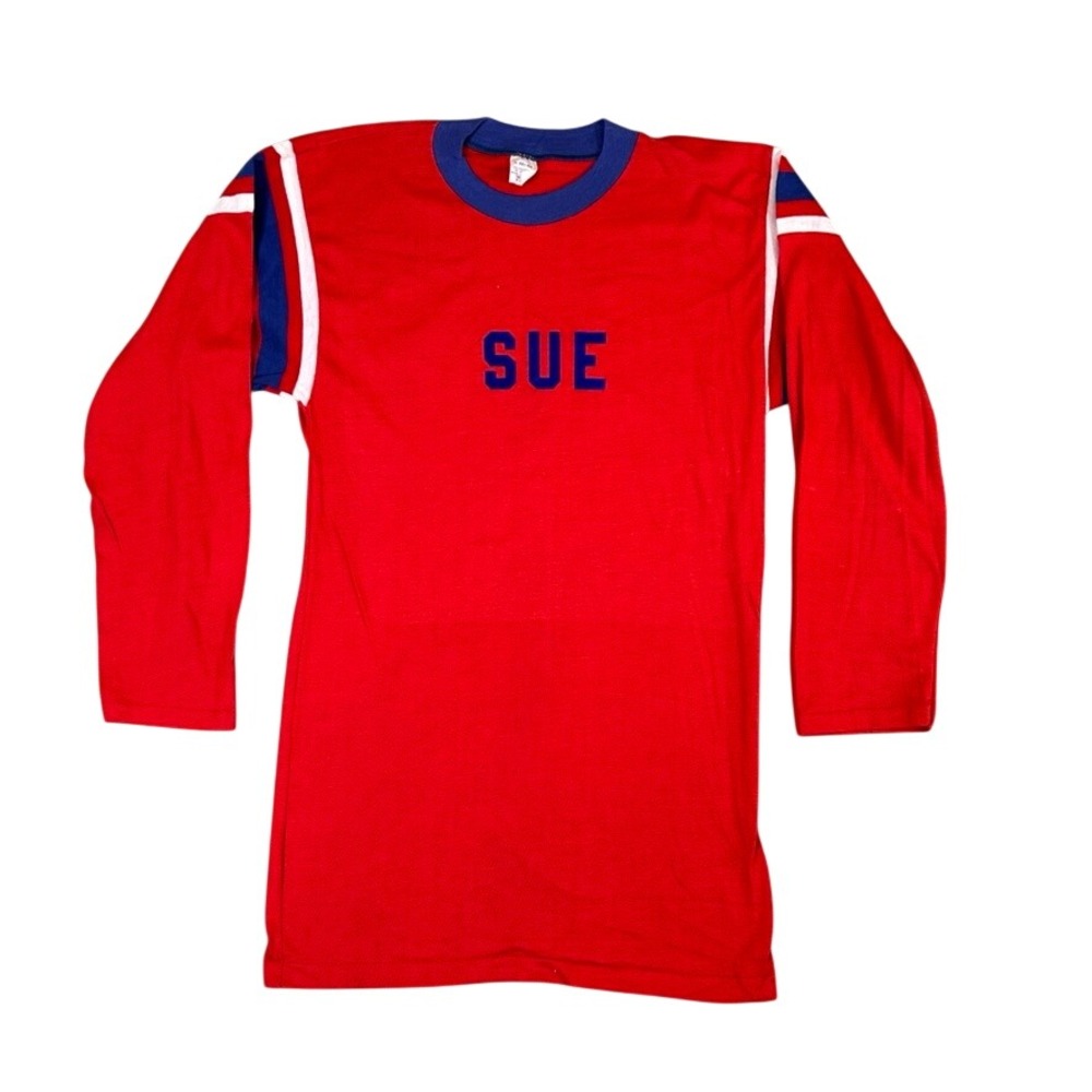 Vintage Red Long Sleeve Jersey Shirt Sue Dieter Blue White Stripe Women Large